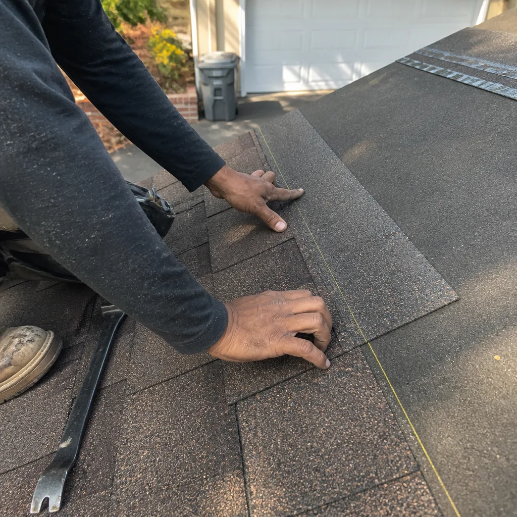 A professional roofer installing new asphalt shingles on a residential roof