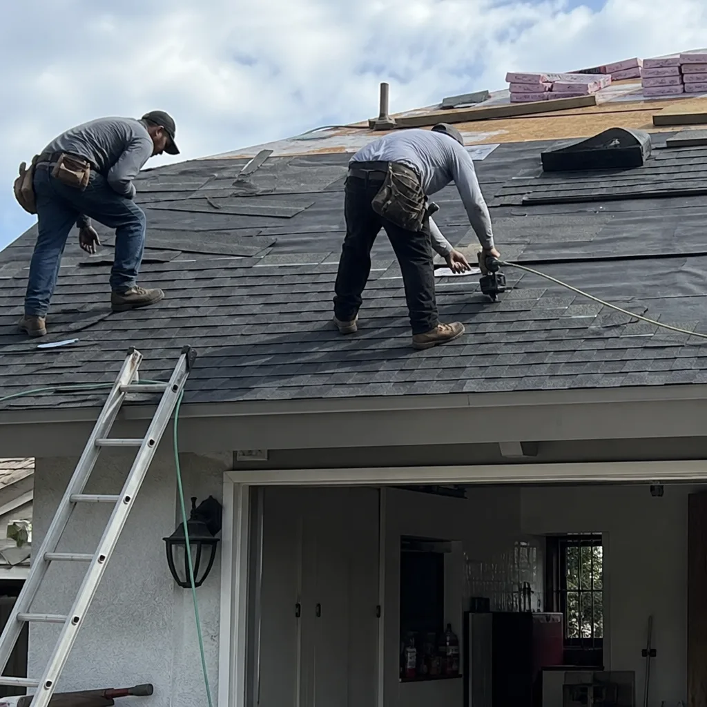 Two professional contractors performing a residential roof installation with shingles.