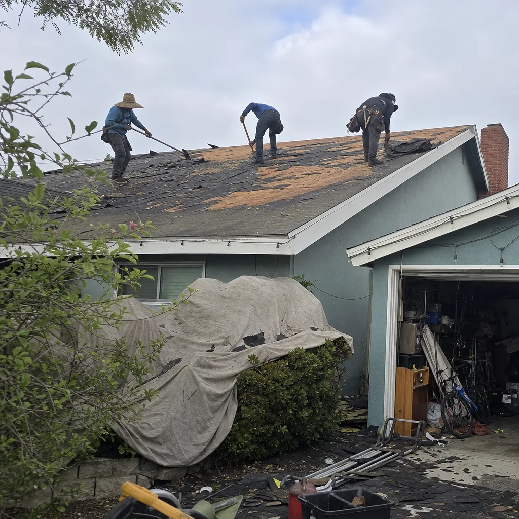 Three professional roofers removing old shingles from a residential home roof