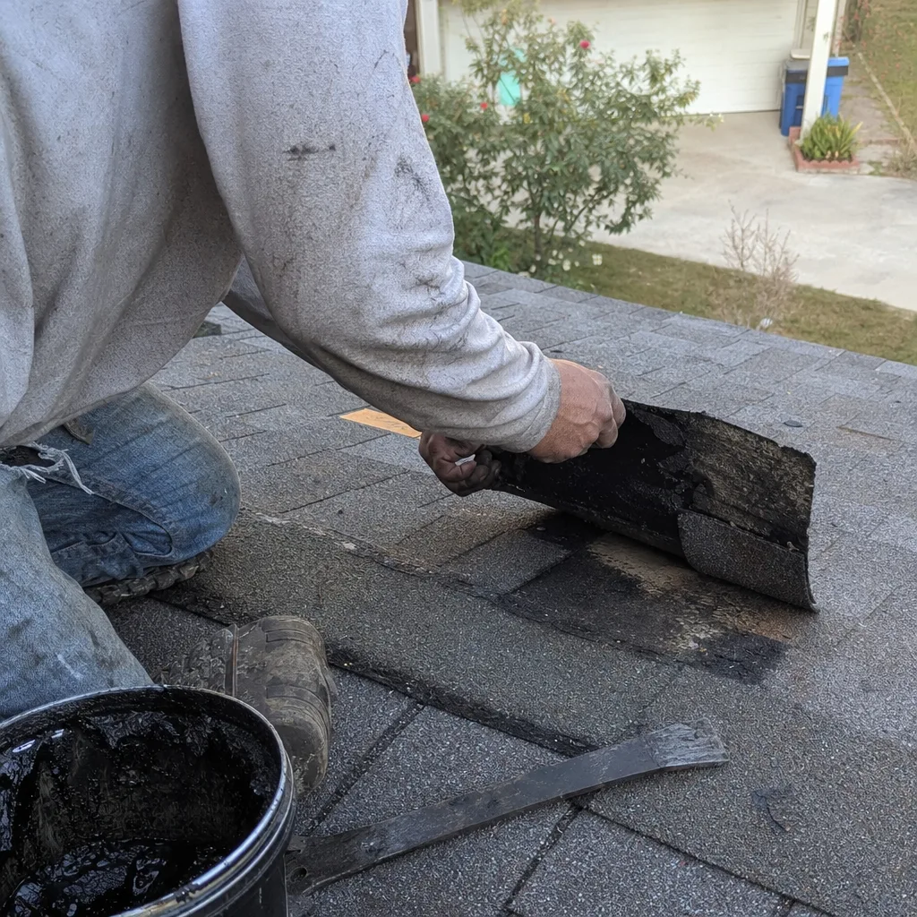 Professional roofer repairing damaged asphalt shingles with roof sealant
