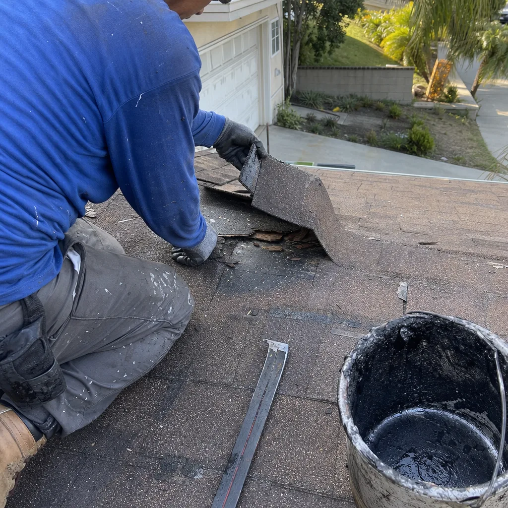 A professional roofer performing shingle repairs on a residential roof.