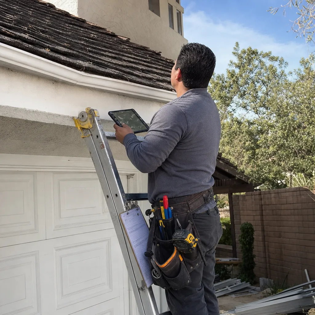 Roofing contractor inspecting roof with a digital tablet on a ladder