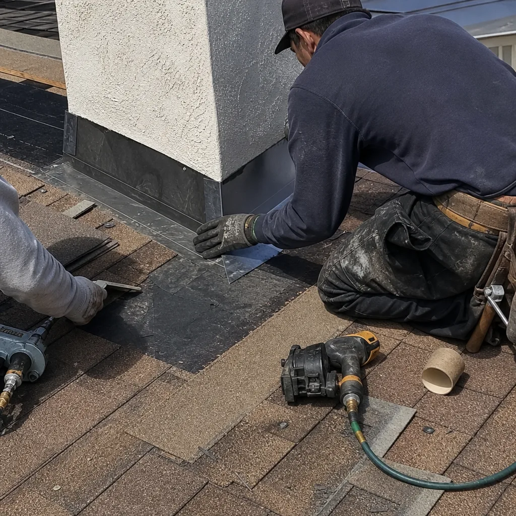 Professional roofers installing metal chimney flashing on a residential roof
