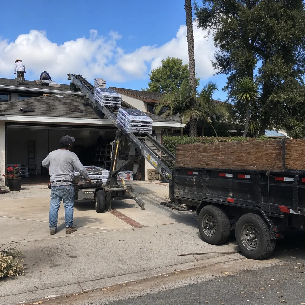 Roofing crew using a conveyor belt to lift shingle bundles